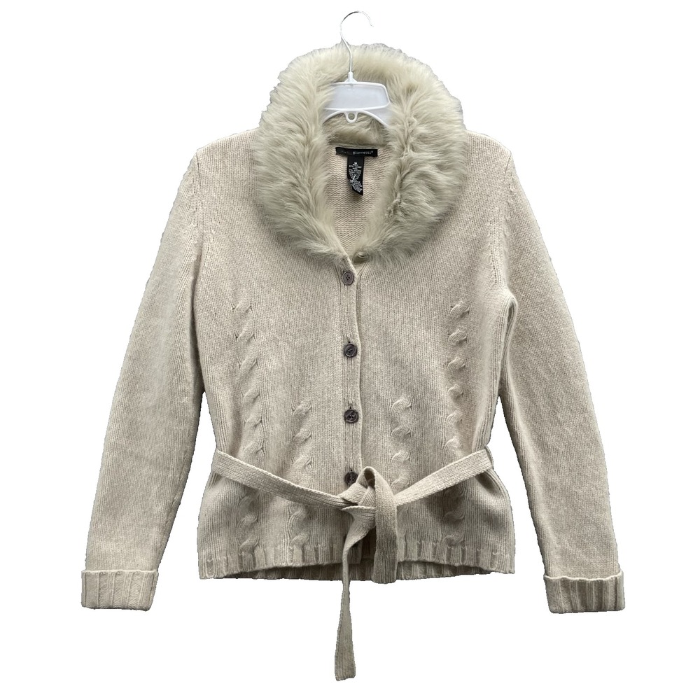 A. Giannetti Lambs Wool Angora Rabbit Cardigan Medium Fur Collar Cable Knit Chic